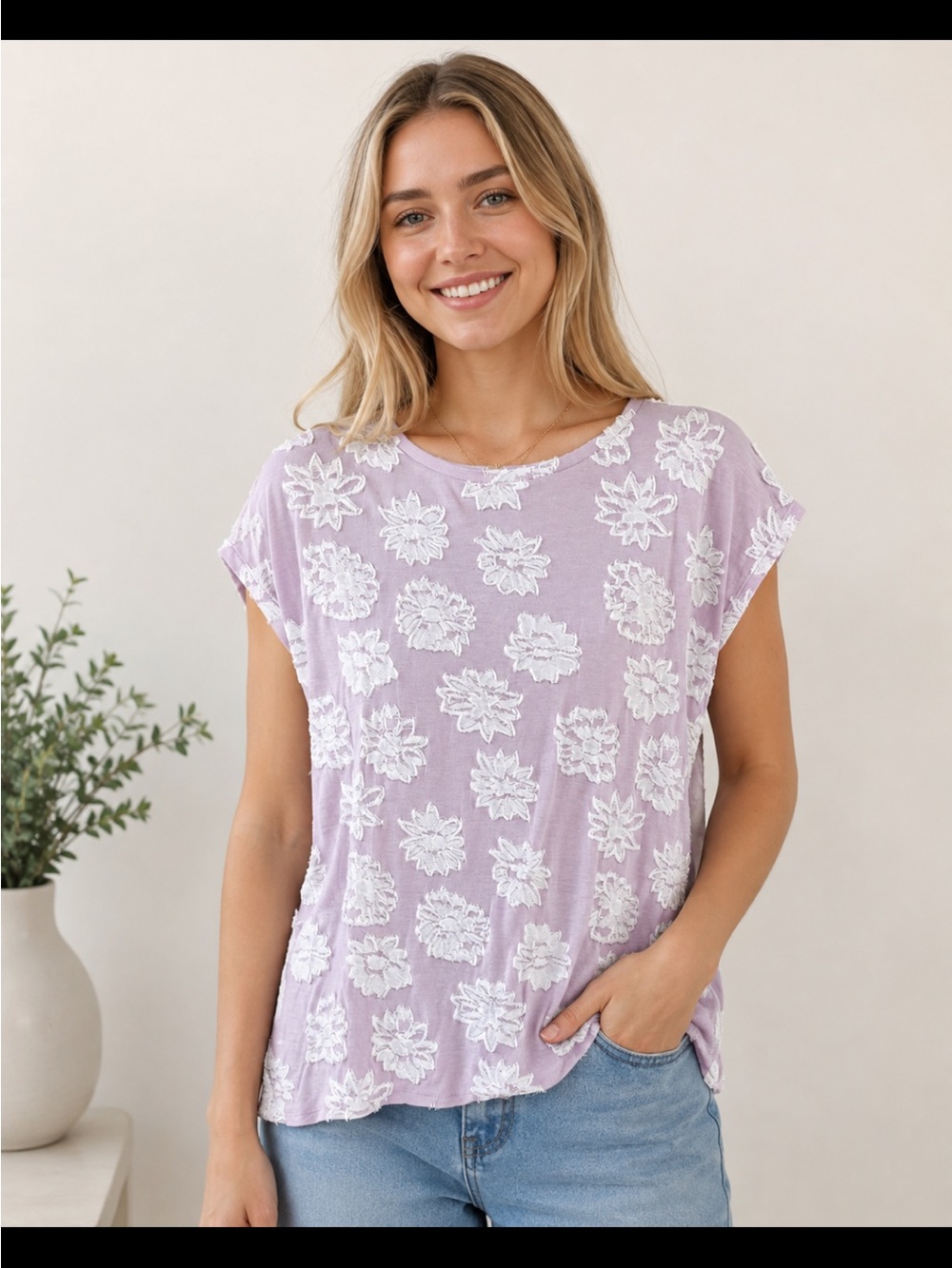 LOFT Lilac Floral Embroidered Short Sleeve Top - Size: medium